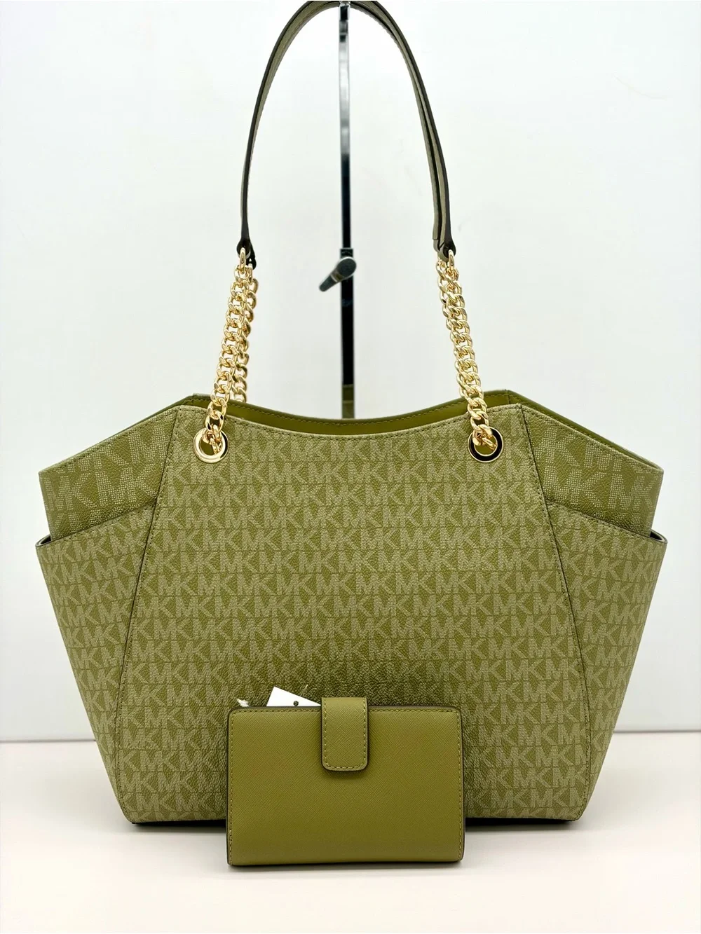 Michael Kors Olive Green MK Signature Chain Tote Shoulder Bag with Wallet Set